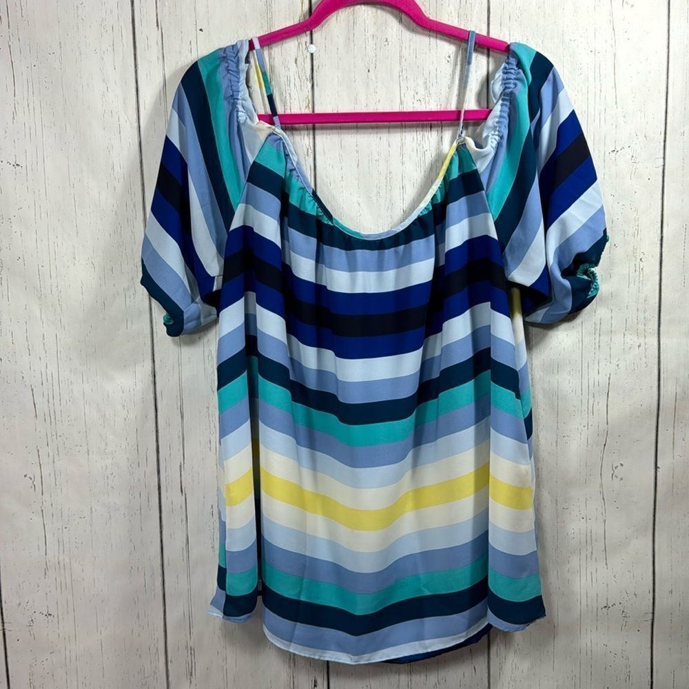 New York & Company Stripes Off The Shoulder Blue Coastal Nautical Blouse